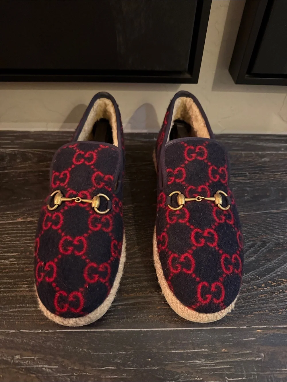 Gucci Navy & Red GG Wool Horsebit Loafers